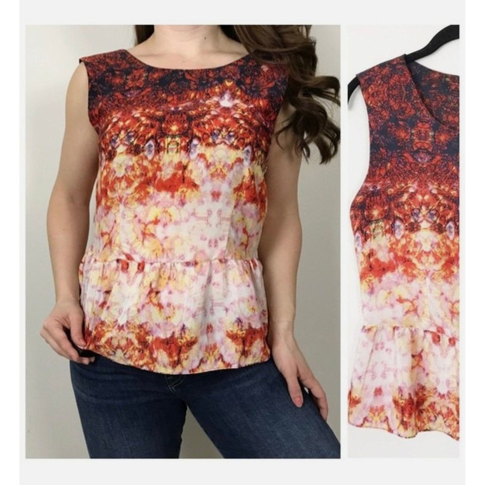 W118 by‎ Walter Baker Sleeveless Peplum Abstract Top Preppy Summer Classic Chic